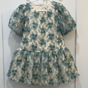 Janie and Jack Teal Embroidered Floral Puff Sleeve Dress Kids Size 4